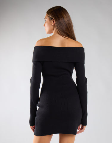 Black Knit Ribbed Long Sleeve Bardot Mini Dress