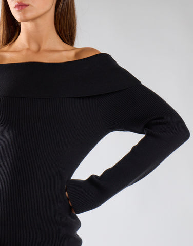 Black Knit Ribbed Long Sleeve Bardot Mini Dress