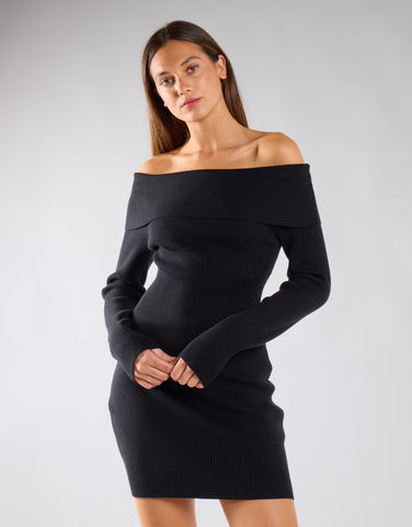 Black Knit Ribbed Long Sleeve Bardot Mini Dress