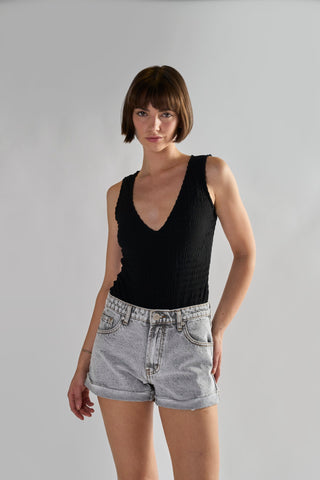 Bleach-Acid Black Denim Shorts