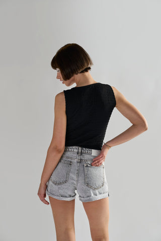 Bleach-Acid Black Denim Shorts
