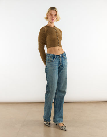 Mocha Long-Sleeve-Button-Front Crop-Top