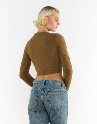 Mocha Long-Sleeve-Button-Front Crop-Top