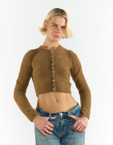 Mocha Long-Sleeve-Button-Front Crop-Top