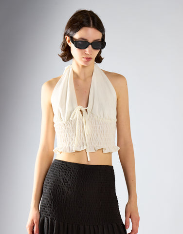 White Fleck Smocked Halter Top