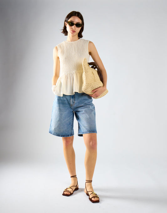 White Smocked Peplum Top