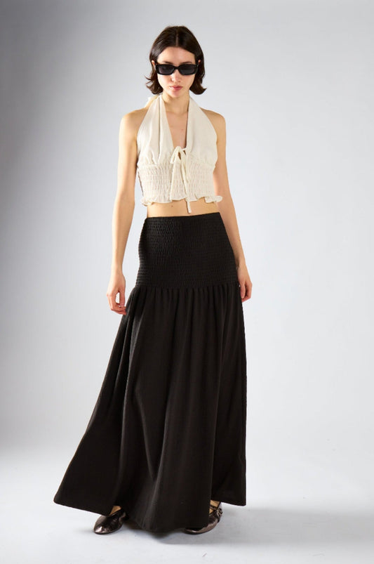 Black Crinkle Drop Waist Maxi Skirt