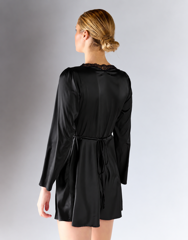Black Satin Long-Sleeves Lace Trim Mini Dress