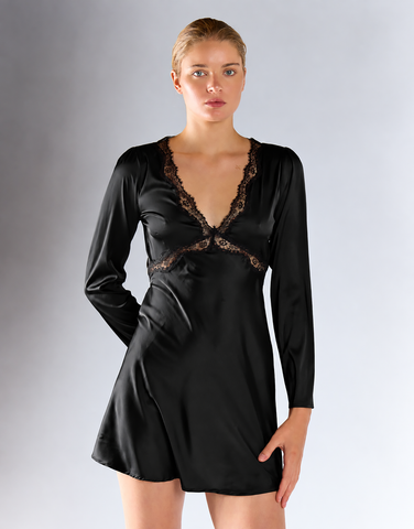 Black Satin Long-Sleeves Lace Trim Mini Dress