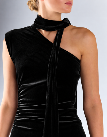 Black Velvet One-Shoulder Mini Dress With Neck-Tie
