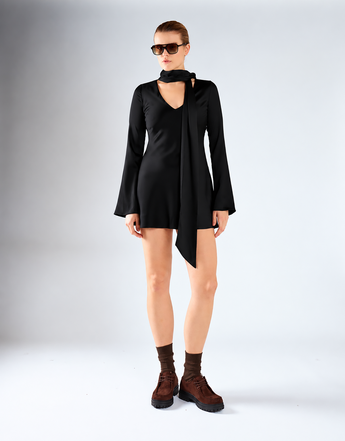 Black Long-Sleeves Scarf Detail Mini Dress