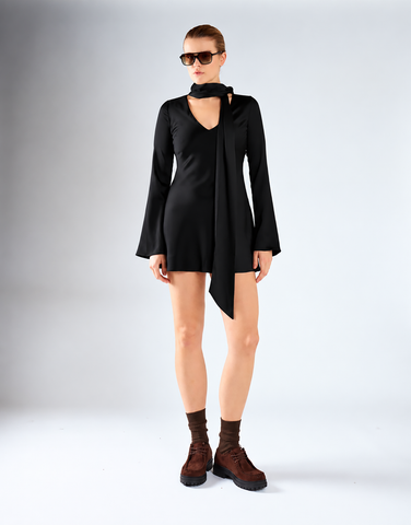 Black Long-Sleeves Scarf Detail Mini Dress