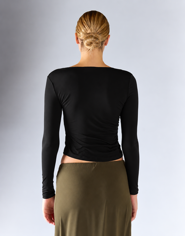 Black Ruched Side Long-Sleeves Boatneck Top
