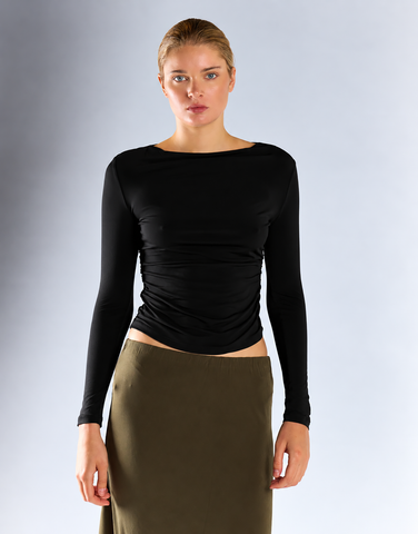 Black Ruched Side Long-Sleeves Boatneck Top
