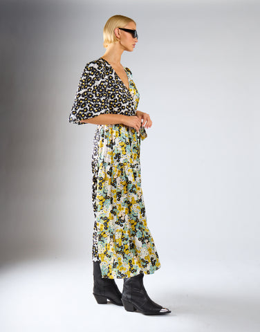 Glamorous Mono Mustard Floral Wrap Front Tiered Midaxi Dress