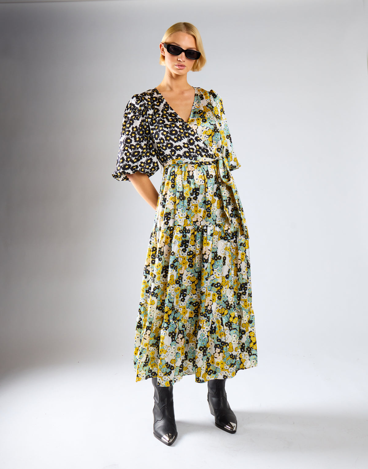 Glamorous Mono Mustard Floral Wrap Front Tiered Midaxi Dress