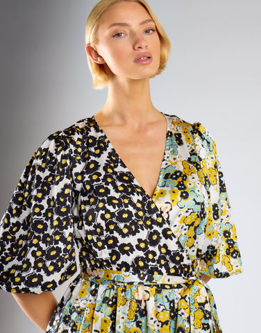 Glamorous Mono Mustard Floral Wrap Front Tiered Midaxi Dress