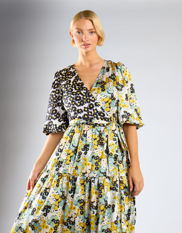 Glamorous Mono Mustard Floral Wrap Front Tiered Midaxi Dress