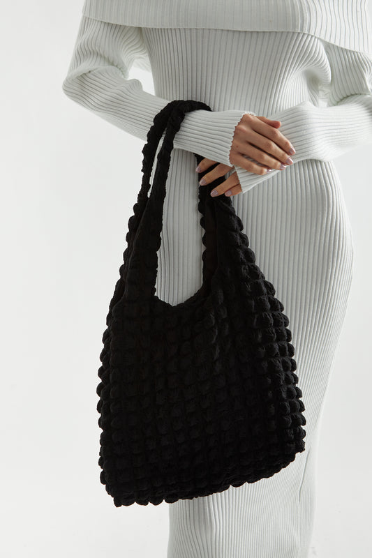 Black Popcorn Texture Shoulder-Bag