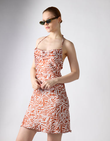 Glamorous Care Tan Zebra Print Cowl Neck Mini Dress