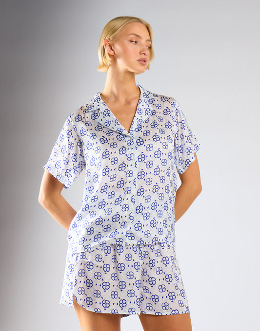 Glamorous Care Royal Blue Geo Button Front Shirt