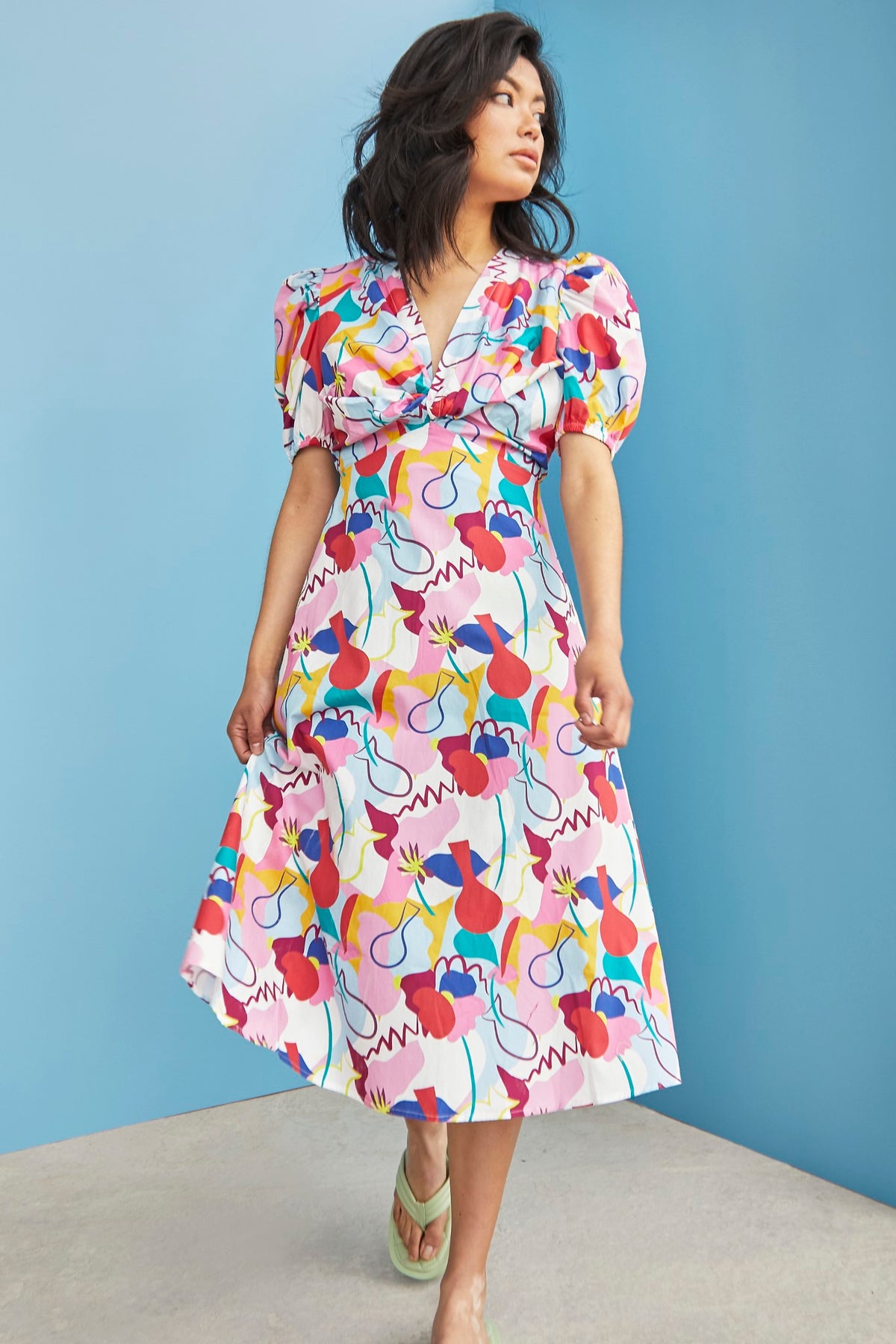 Glamorous Care Abstract Rainbow Print V- Neck Puff Shoulder Midi Dress