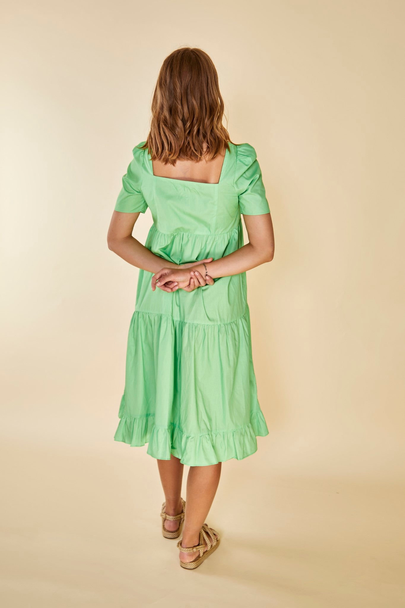green smock midi dress Monki tiered midi smock dress with puff sleeves in green check