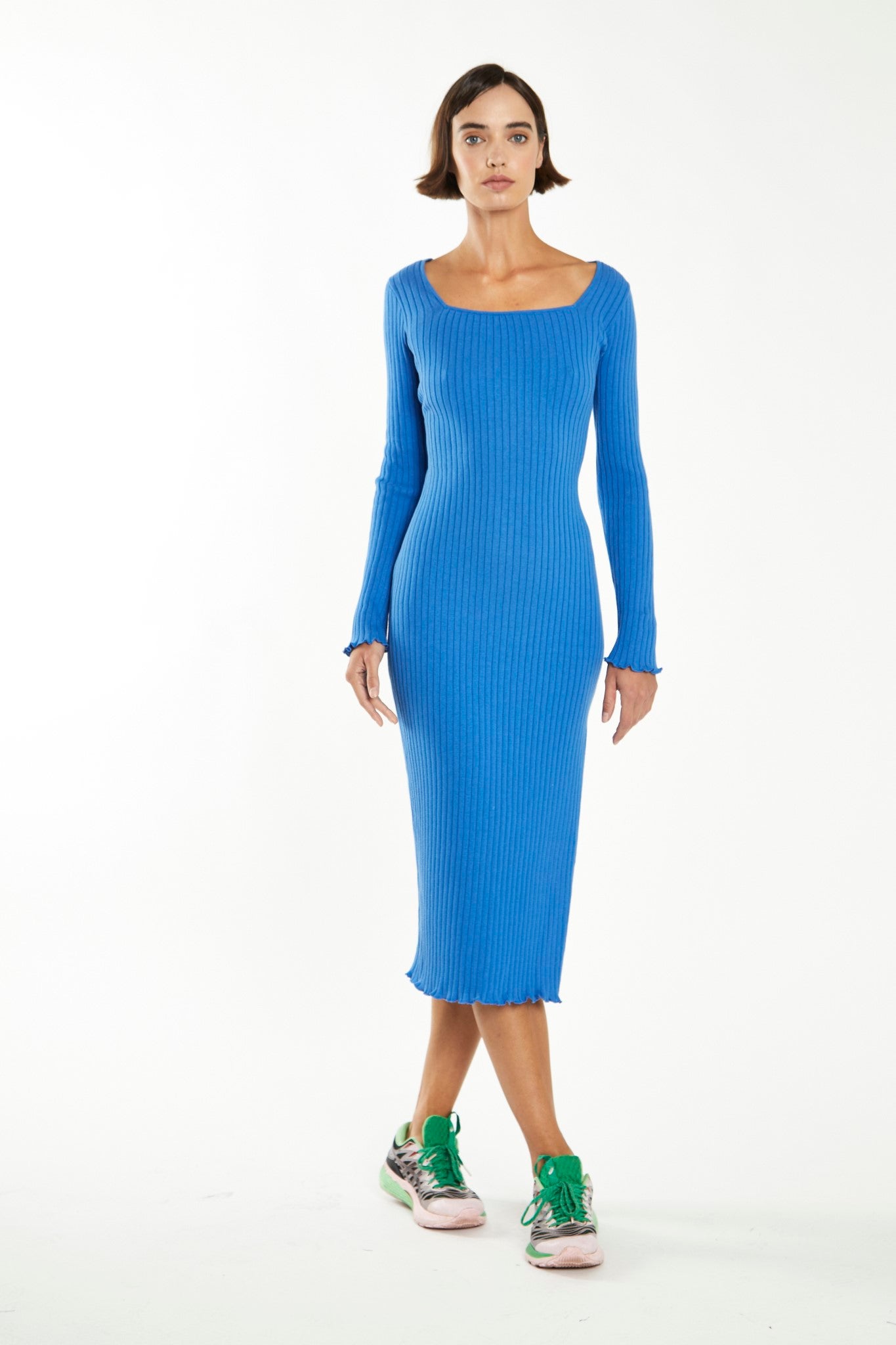 Ultramarine Blue Square-Neck Knit Midi-Dress