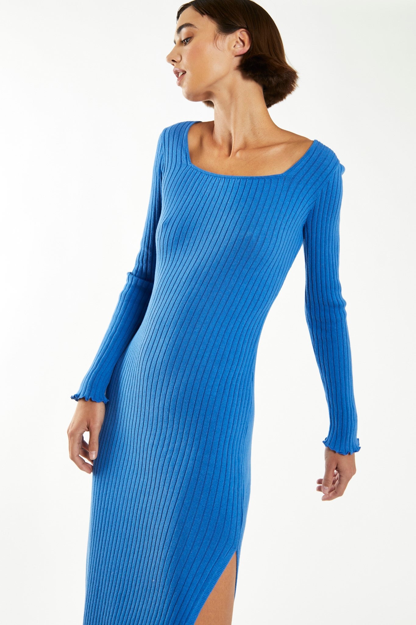 Ultramarine Blue Square-Neck Knit Midi-Dress