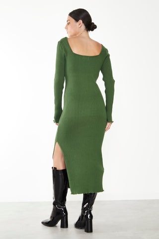Glamorous Care Green Ribbed Long Sleeve Midi Dress