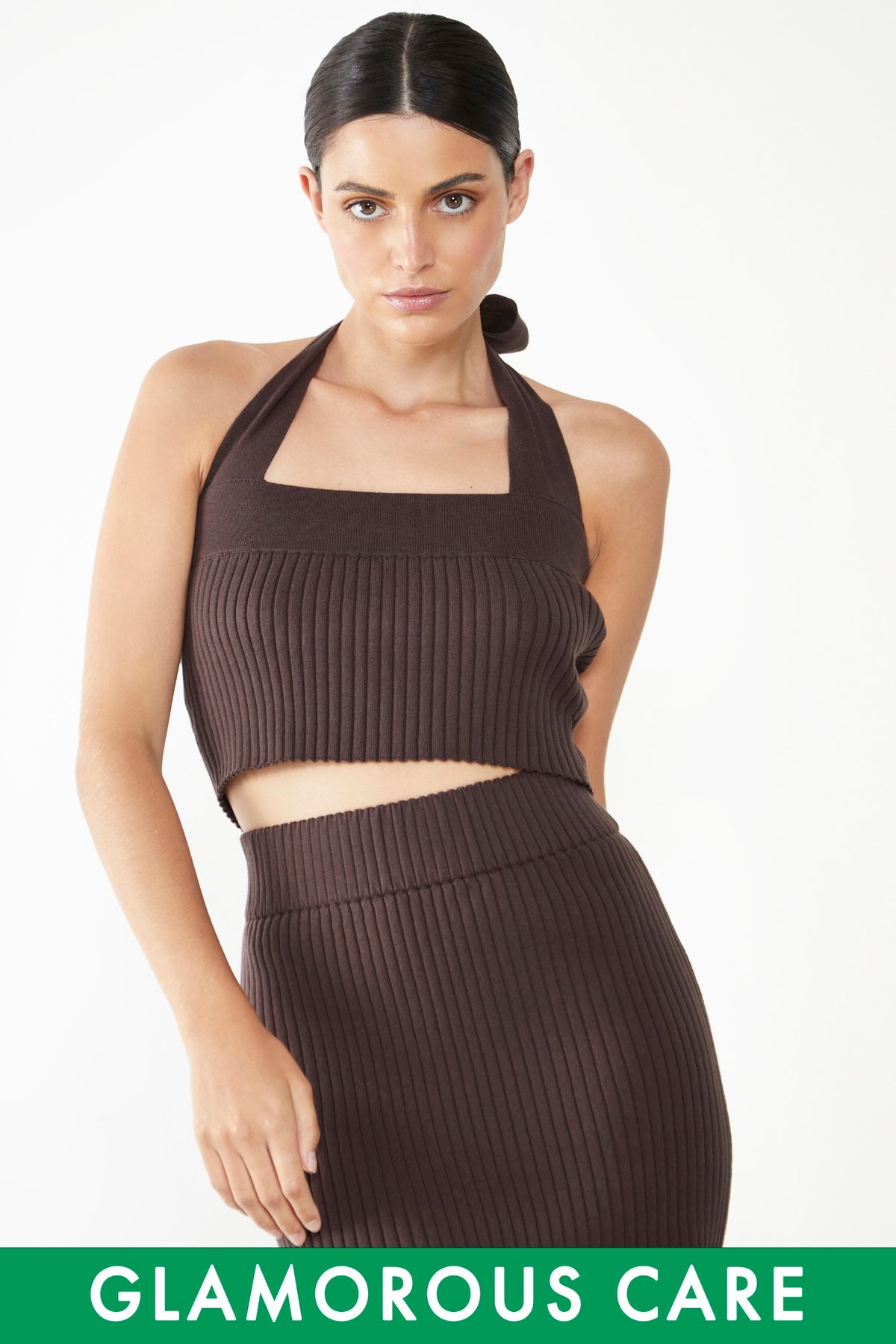 Glamorous Care Brown Ribbed Halter Neck Top