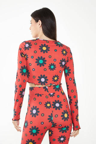 Glamorous Care Red Bright Daisy Long Sleeve Crop Top