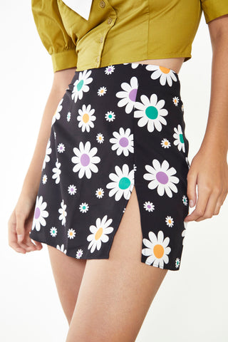 Glamorous Care Black Daisy Print Side Split Mini Skirt