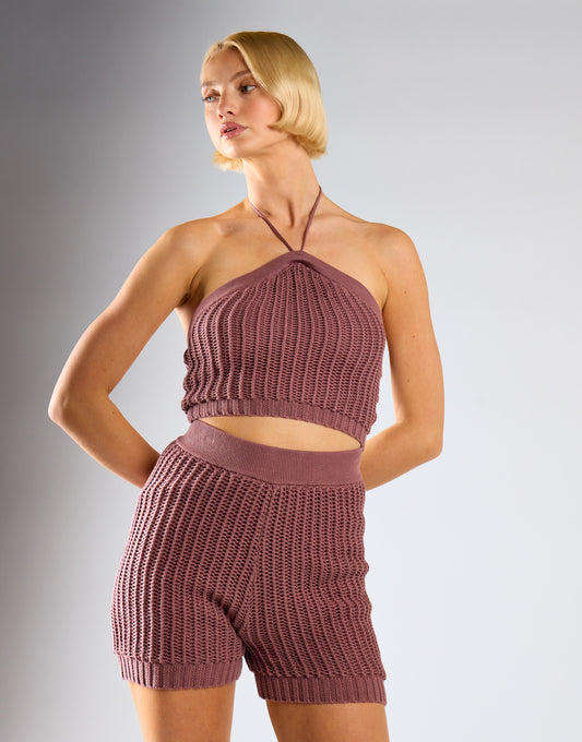 Mink Halter-Neck-Ribbed Crop-Top