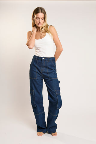 Indigo Wash Cargo Wide-leg Jeans