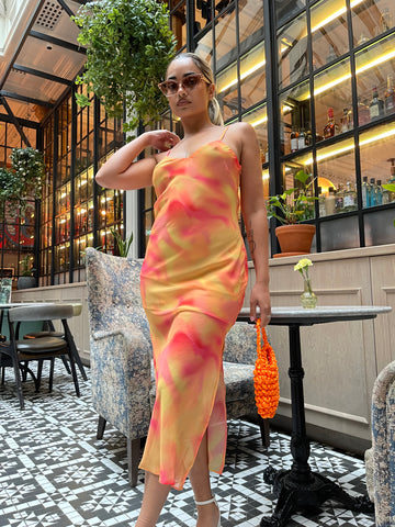 Orange-Yellow Tie-Dye Cami Slip Midi-Dress