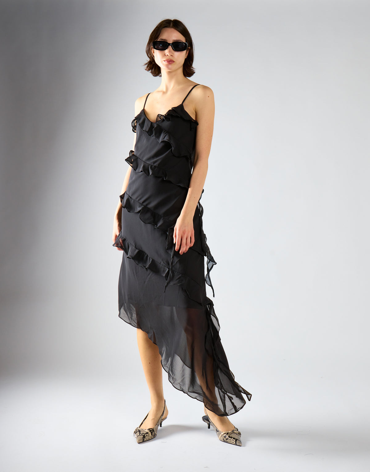 Black Waterfall Ruffle Maxi-Dress