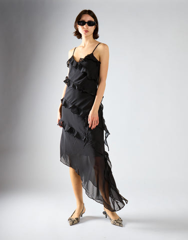 Black Waterfall Ruffle Maxi-Dress