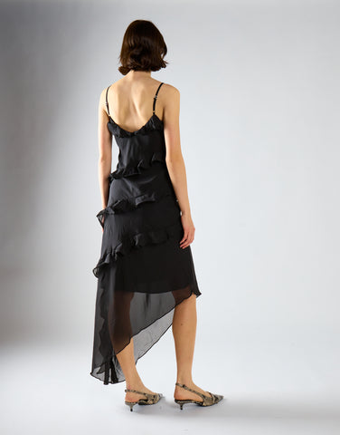 Black Waterfall Ruffle Maxi-Dress