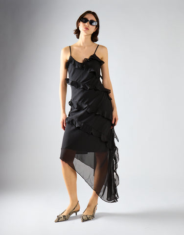 Black Waterfall Ruffle Maxi-Dress