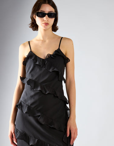 Black Waterfall Ruffle Maxi-Dress
