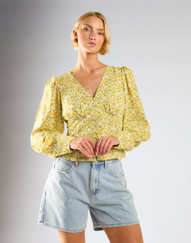 Yellow Mustard Ditsy V-Neck Top