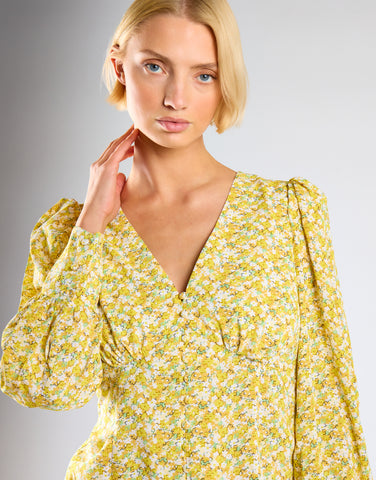 Yellow Mustard Ditsy V-Neck Top