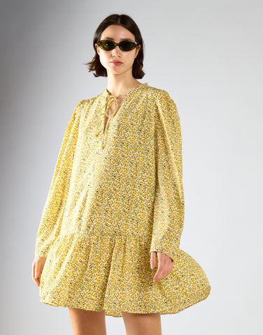 Citron Daisy Floral Long Sleeve Smock Dress