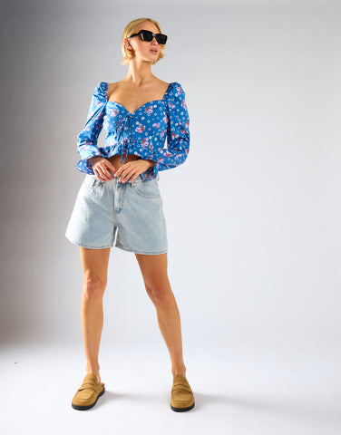Glamorous Blue Floral Sweetheart Neckline Blouse