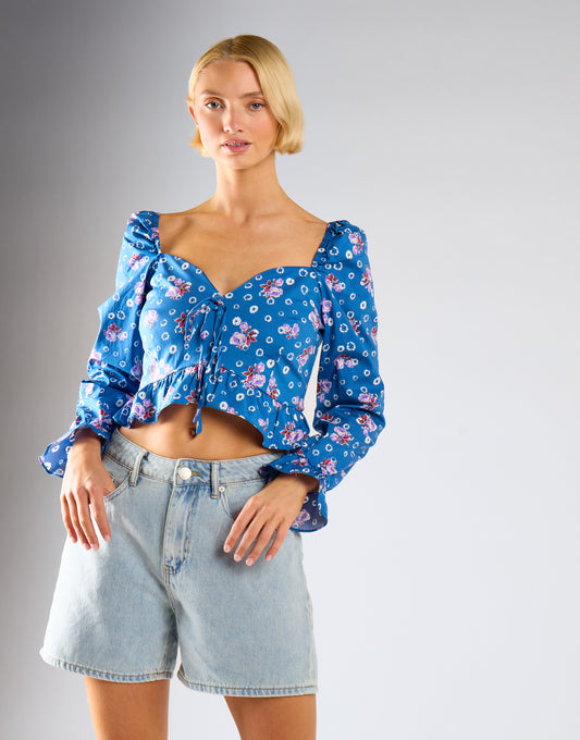 Glamorous Blue Floral Sweetheart Neckline Blouse