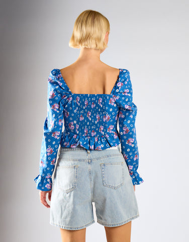 Glamorous Blue Floral Sweetheart Neckline Blouse