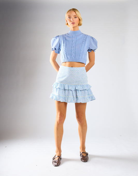 Blue Mini Vintage Rose Ruffle Mini Skirt