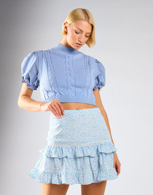 Blue Mini Vintage Rose Ruffle Mini Skirt