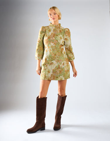 Green Multi Brocade High Neck Puff Shoulder Mini Dress